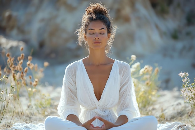 Kendinle barışmak için meditasyon yapan kadın