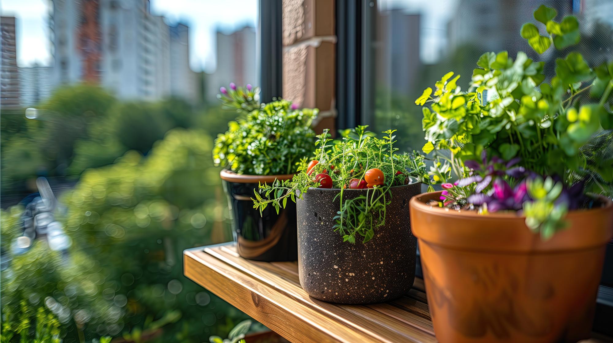 Balkon bahçeciliği için saksıda yetişen aromatik otlar ve domates