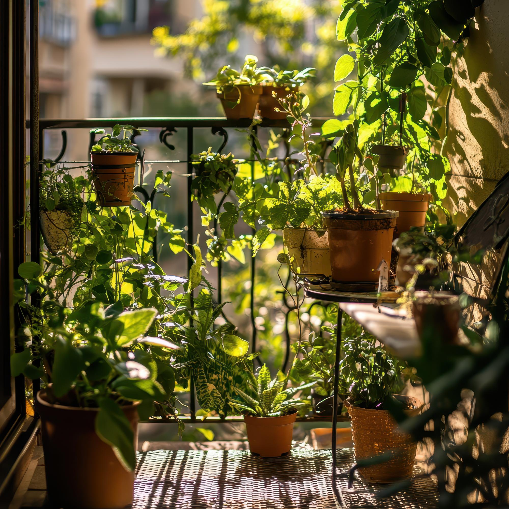 Küçük balkonda saksı bitkileriyle hazırlanmış mini bahçe