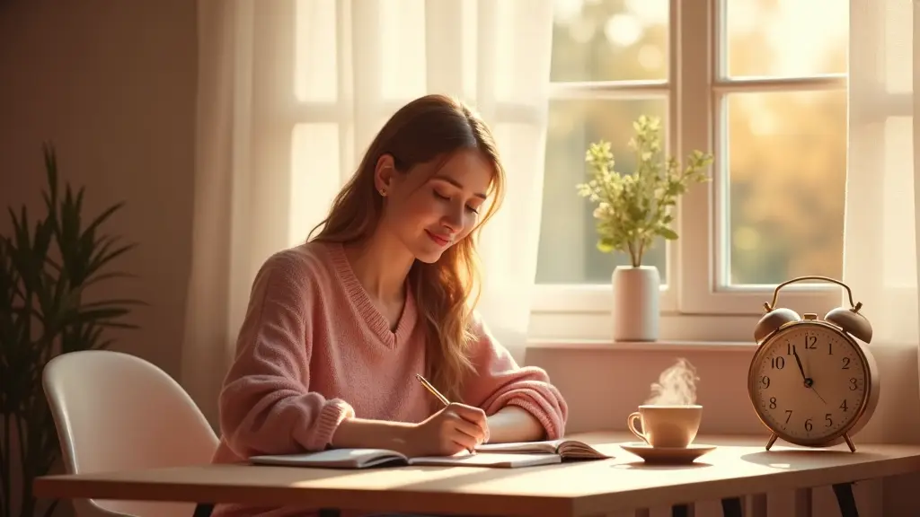 Erteleme alışkanlığını kırmak için bugün başla Erteleme alışkanlığını kırmak - Kadın sabah masasında kararlı bir şekilde yazıyor
