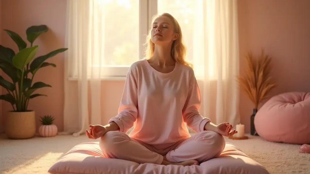 Kararlılık ve iç huzur Kararlılık meditasyonu - Kadın sakin bir alanda oturuyor