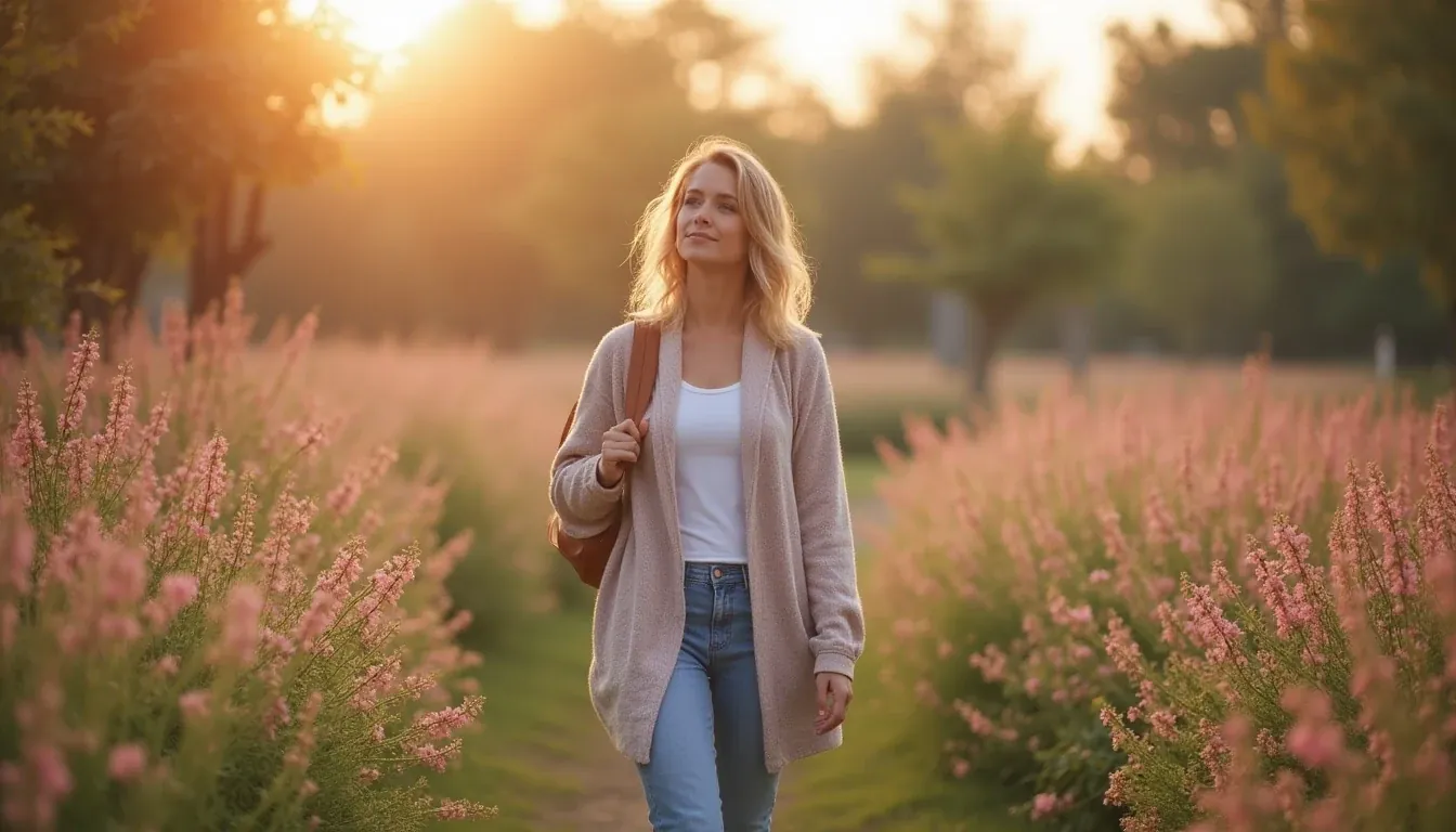 Anın sevincini yakalayan kadın Mindful yürüyüş yapan kadın - anı yakalamak