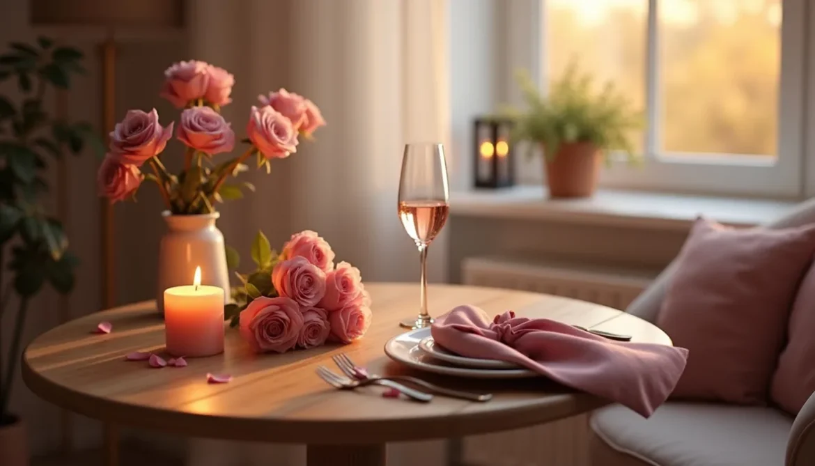 Partnerle yaratıcı randevu planlamak için romantik masa ve çiçekler