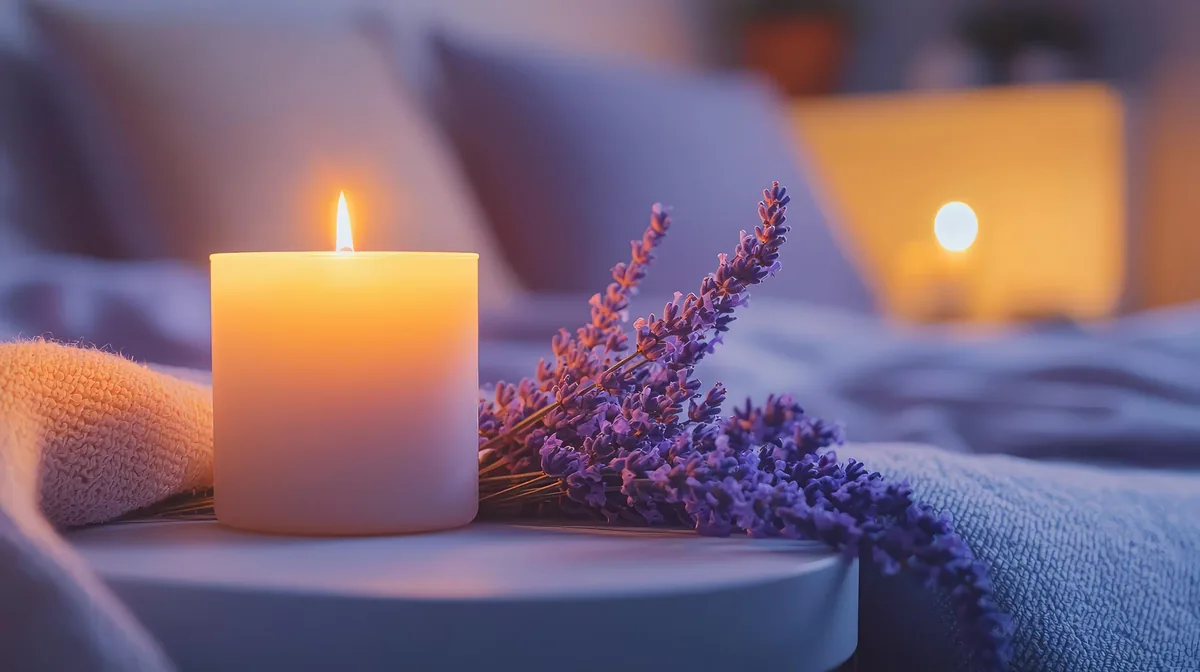 Uyku için lavanta mum ve rahatlatıcı yatak odası ortamı