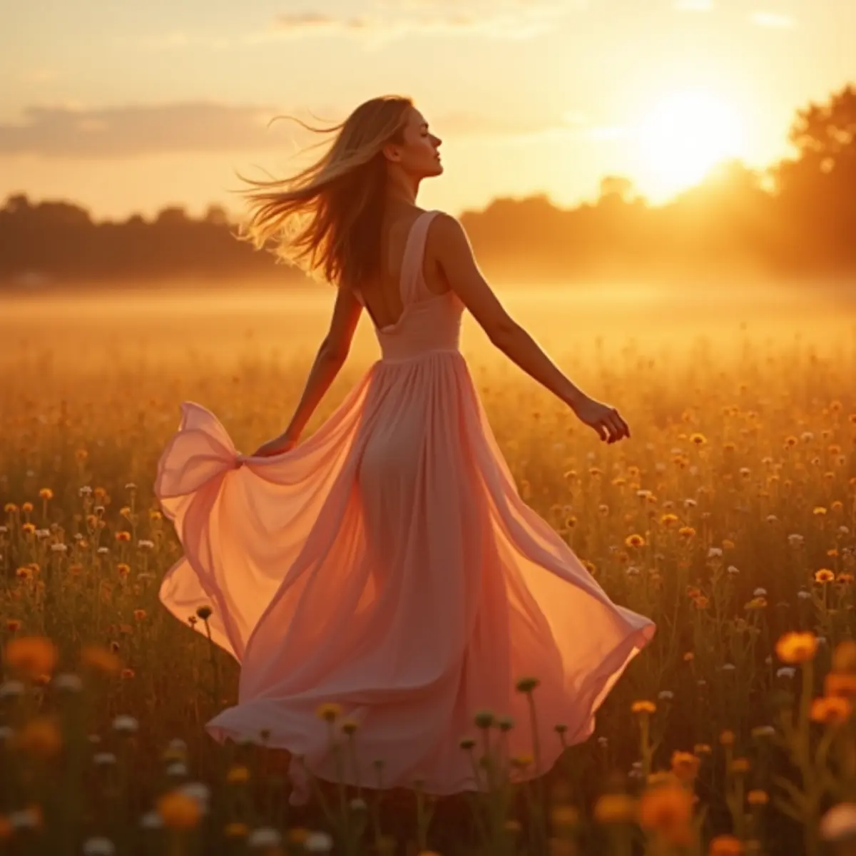 Yaratıcı akış halinde dans Akşam ışığında çiçekli çayırda serbestçe dans eden bir kadın, altın saat ışığı, yaratıcı akış hali