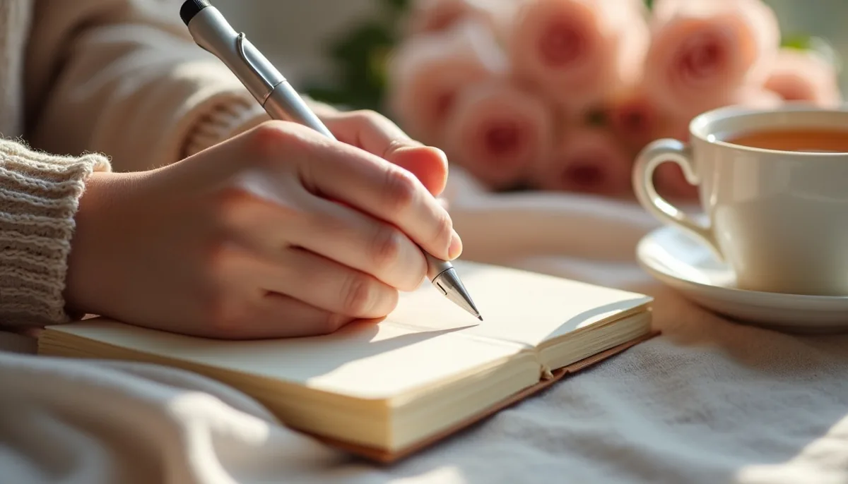 Yaratıcı günlük tutma için defter, kalem ve çiçeklerle hazırlanmış sakin yazı alanı Yaratıcı günlük tutma için defter, kalem ve çiçeklerle hazırlanmış sakin yazı alanı