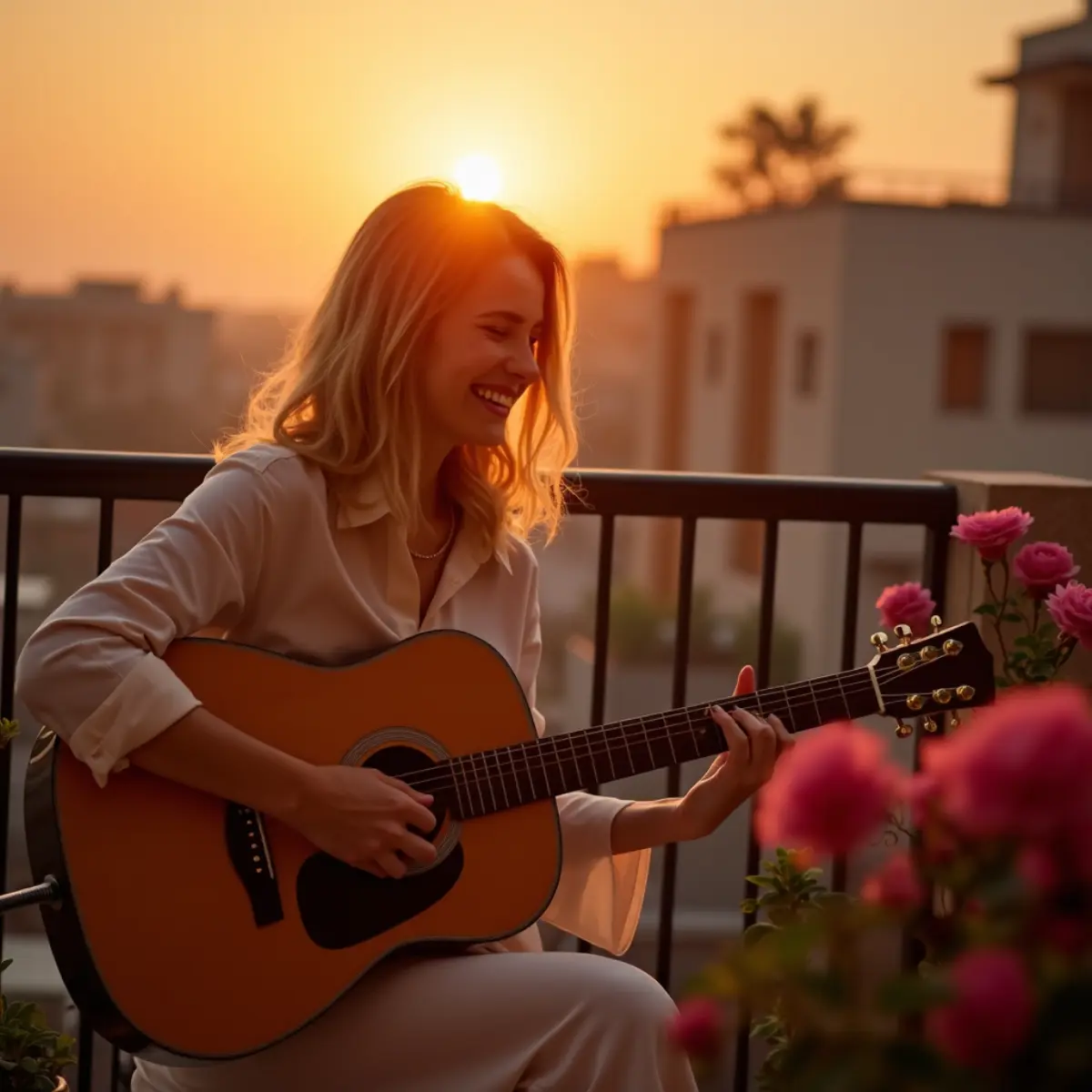 Bir kadın güneş batımında akustik gitar çalıyor, pembe ve mor çiçekler eşliğinde yaratıcı neşe anı